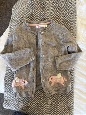 Baby Boden Gray Knit Cardigan with Pink Pig Appliqués, 2-3Y